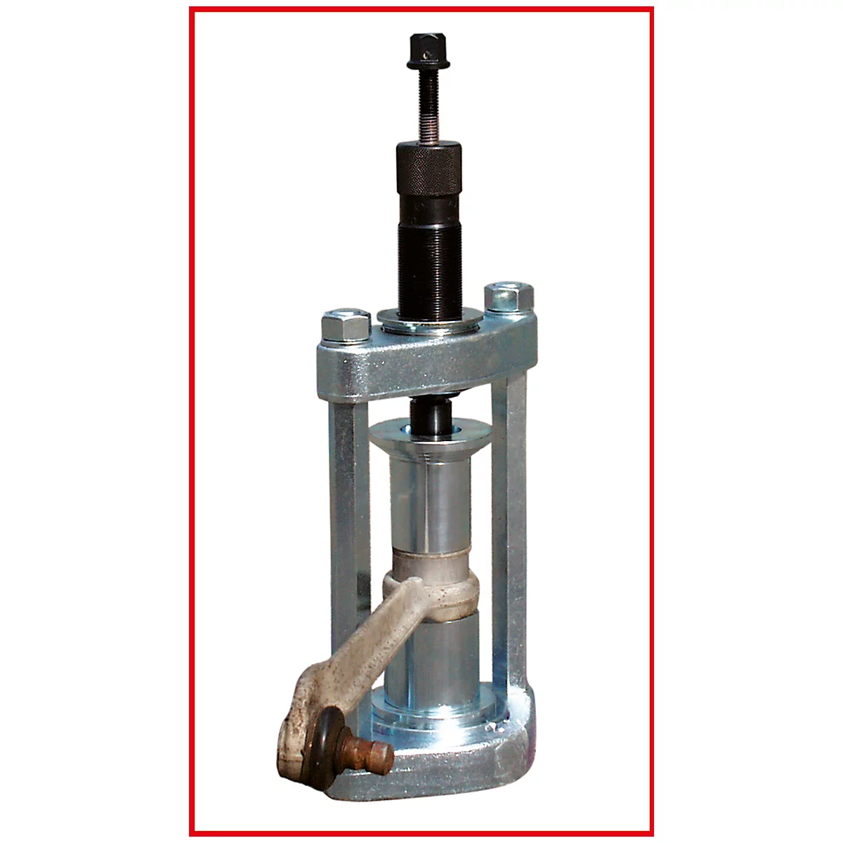 Werkzeug zum Auspressen von Fahrzeugteilen. Stahlkonstruktion mit Gewindespindel und Hebel.